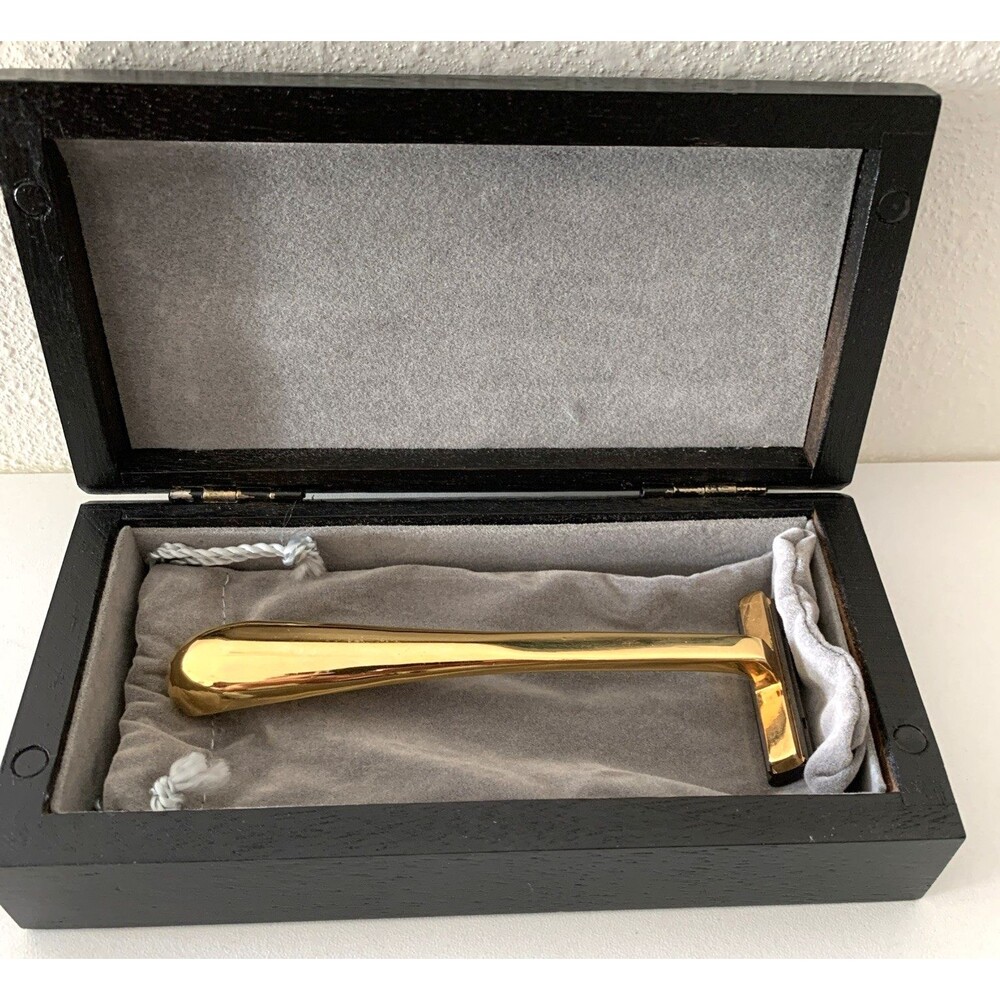 Franklin Toiletry Co. Gold-Tone Safety Razor in Hinged Box w/Cloth Bag 1940s-50s